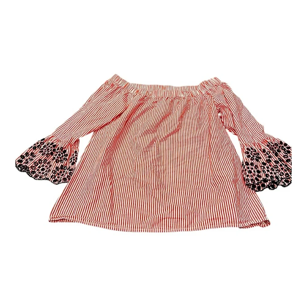 Beach Lunch Lounge Red White‎ Boho Striped Off Shoulder Top Medium